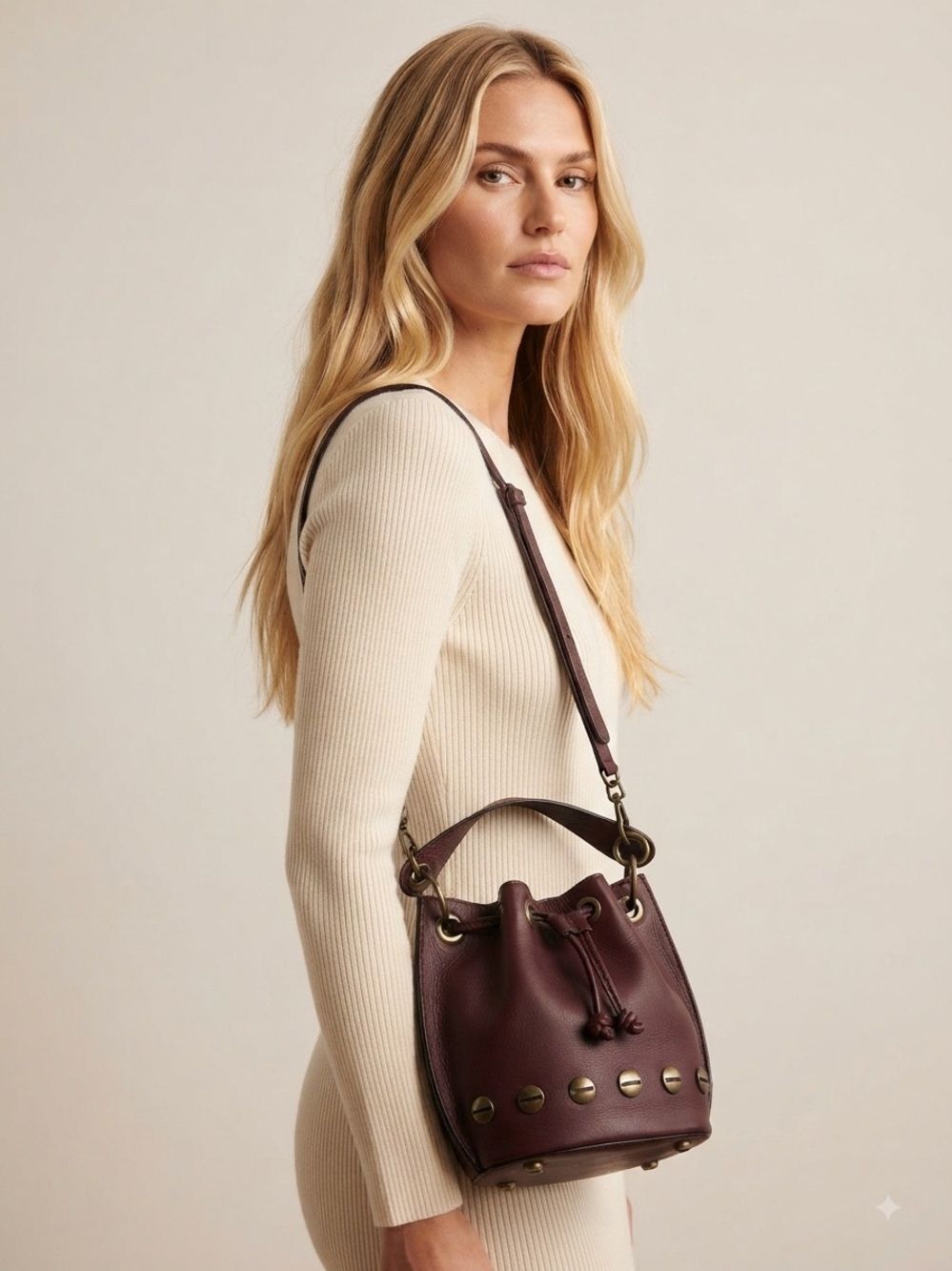 Stella Bianca Brown Italian Leather Brass Studded Drawcord Bucket Crossbody Bag